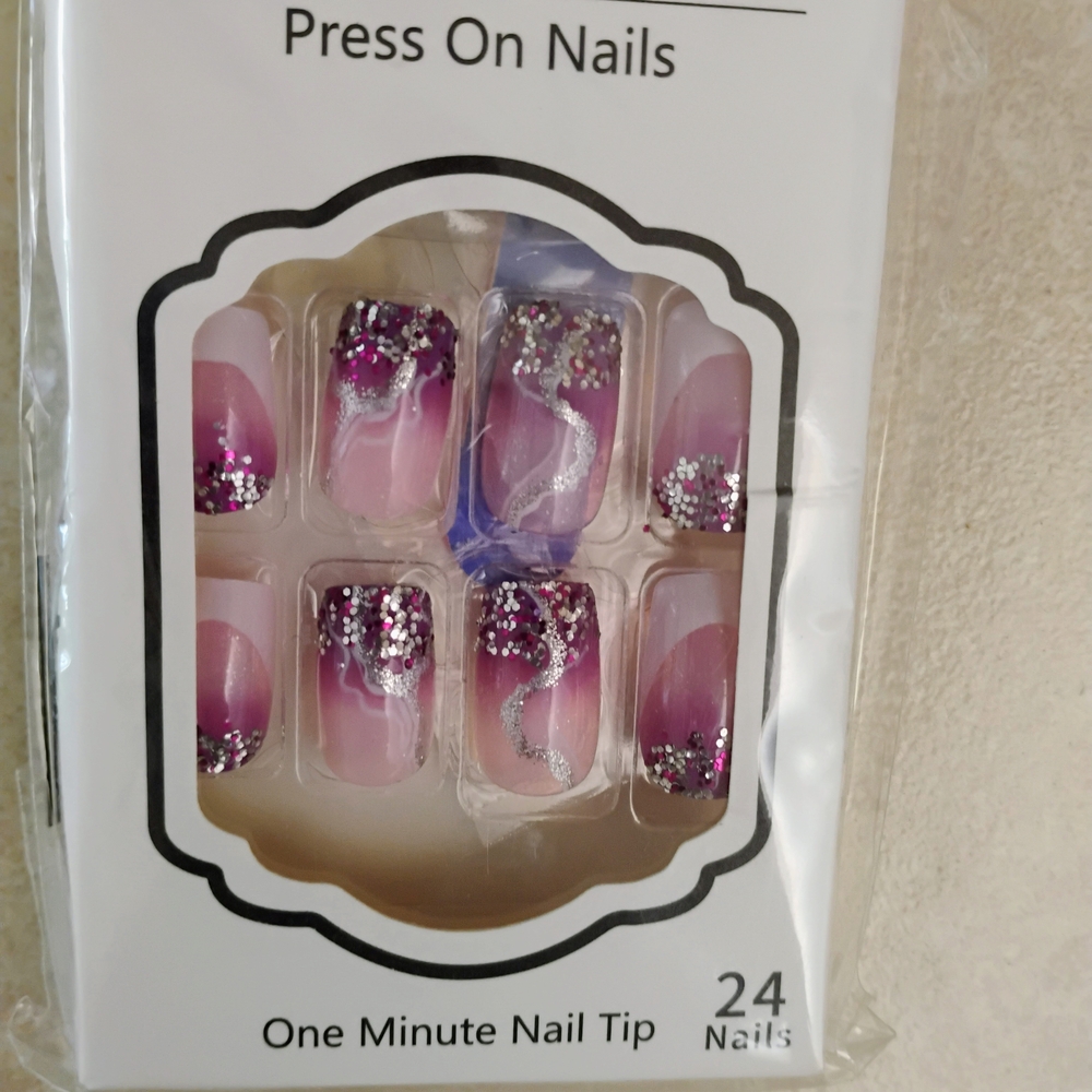 Press On Nails with Glitter - Purple and Silver